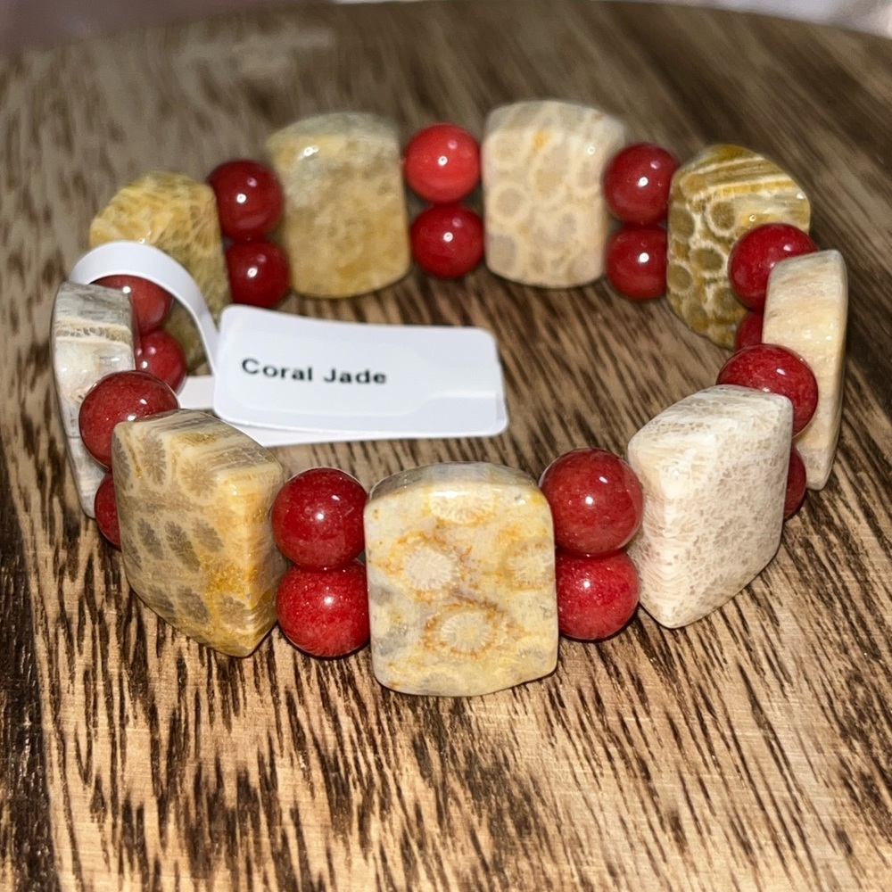 Coral Jade with Round Cranberry Jade Stretch Bangle Bracelet